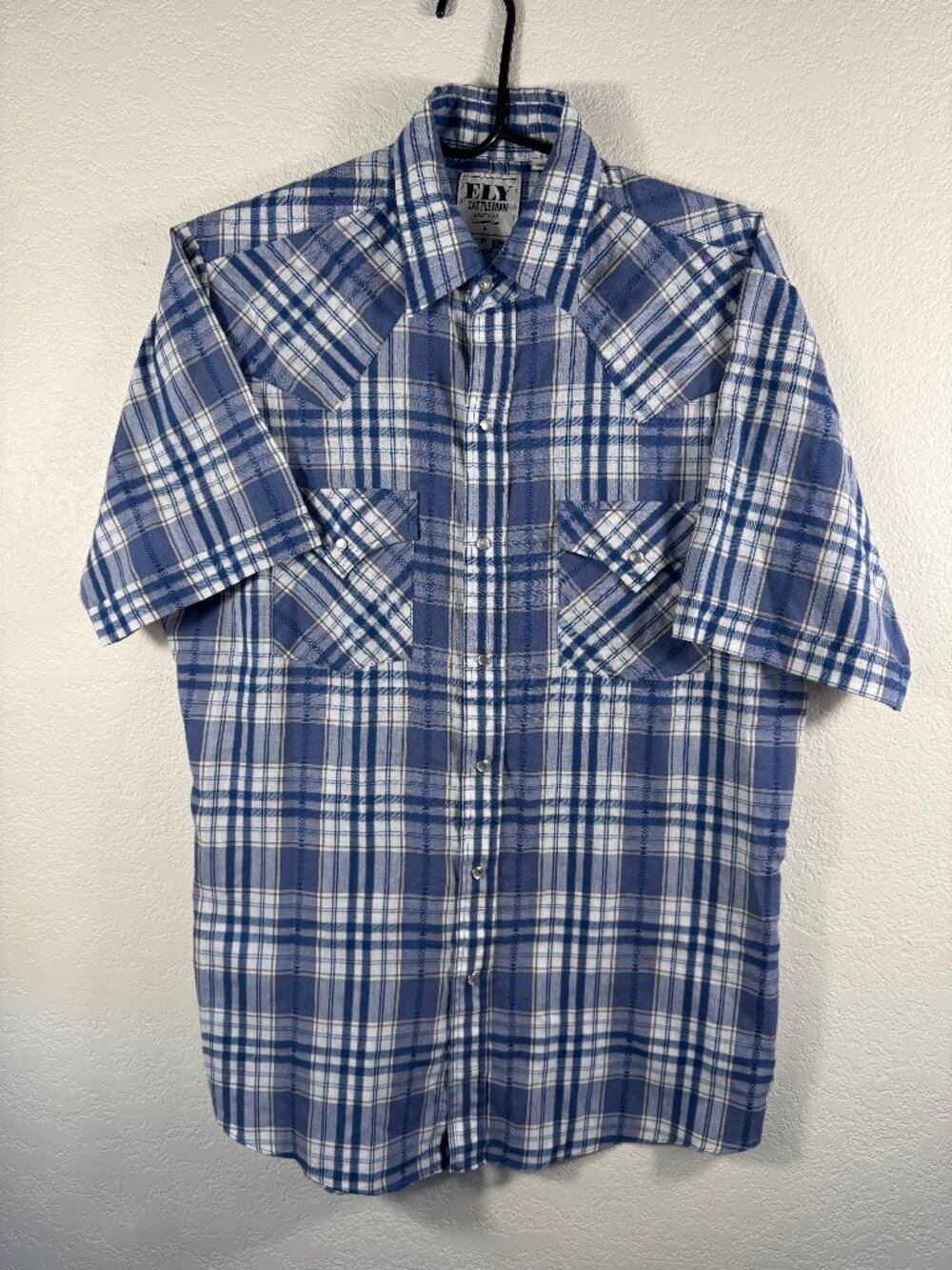 Ely Cattleman Pearl Snap Western Shirt Mens M Blue White Plaid Short Sleeve